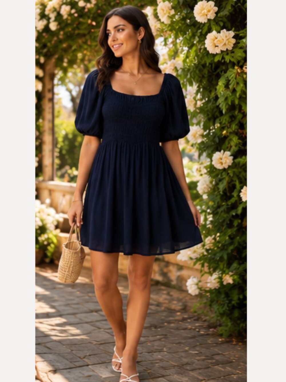 NWT Blue Rain Francesca's Navy Smocked Puff Sleeve Mini Dress XXS
